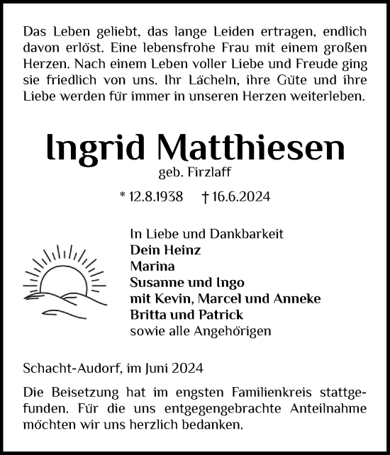 Traueranzeige von Ingrid Matthiesen von Schleswig-Holsteinische Landeszeitung