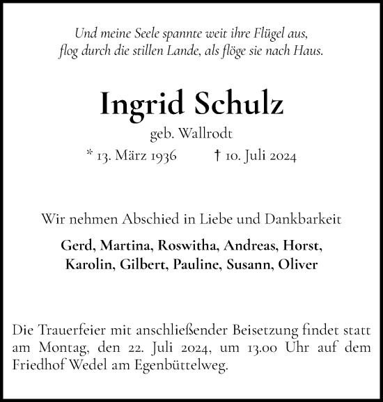 Traueranzeige von Ingrid Schulz von Wedel-Schulauer Tageblatt, tip Wedel-Schulauer Tageblatt, tip Rissener Rundschau