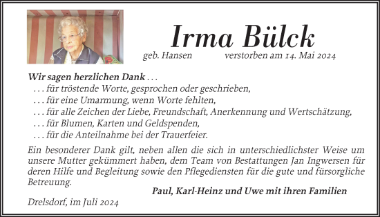 Traueranzeige von Irma Bülck von Husumer Nachrichten, Nordfriesland Tageblatt