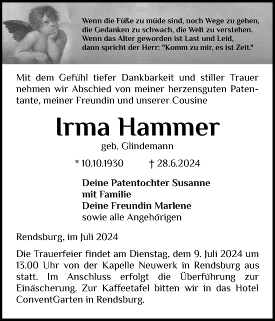 Traueranzeige von Irma Hammer von Schleswig-Holsteinische Landeszeitung