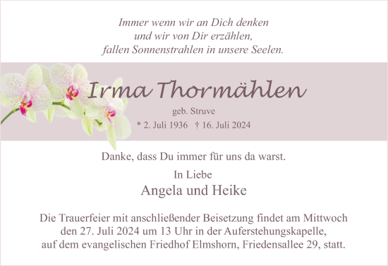Traueranzeige von Irma Thormählen von Elmshorner Nachrichten, Barmstedter Zeitung