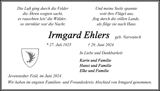 Traueranzeige von Irmgard Ehlers von Schleswig-Holsteinische Landeszeitung