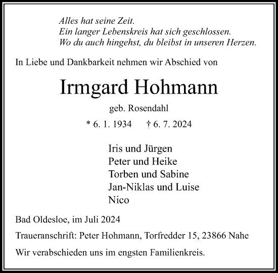 Traueranzeige von Irmgard Hohmann von Stormaner Tageblatt