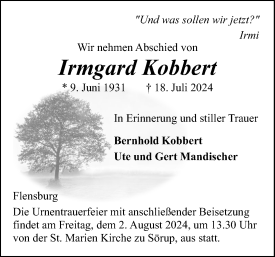 Traueranzeige von Irmgard Kobbert von Flensburger Tageblatt