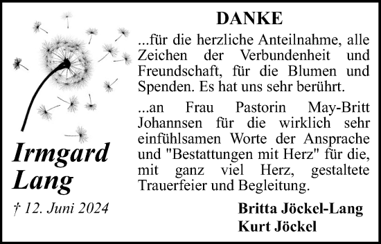 Traueranzeige von Irmgard Lang von Flensburger Tageblatt