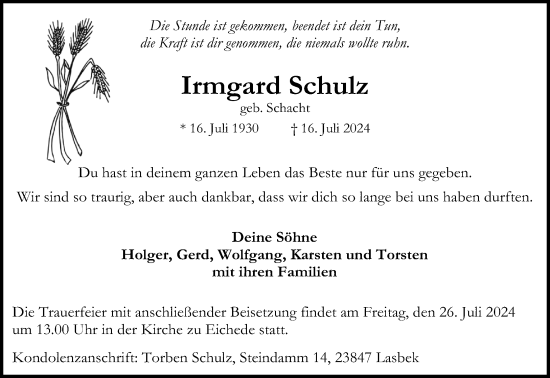 Traueranzeige von Irmgard Schulz von Stormaner Tageblatt
