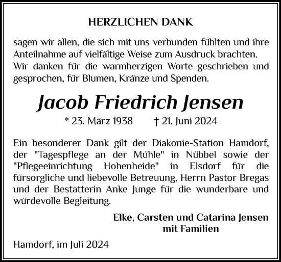 Traueranzeige von Jacob Friedrich Jensen von Schleswig-Holsteinische Landeszeitung