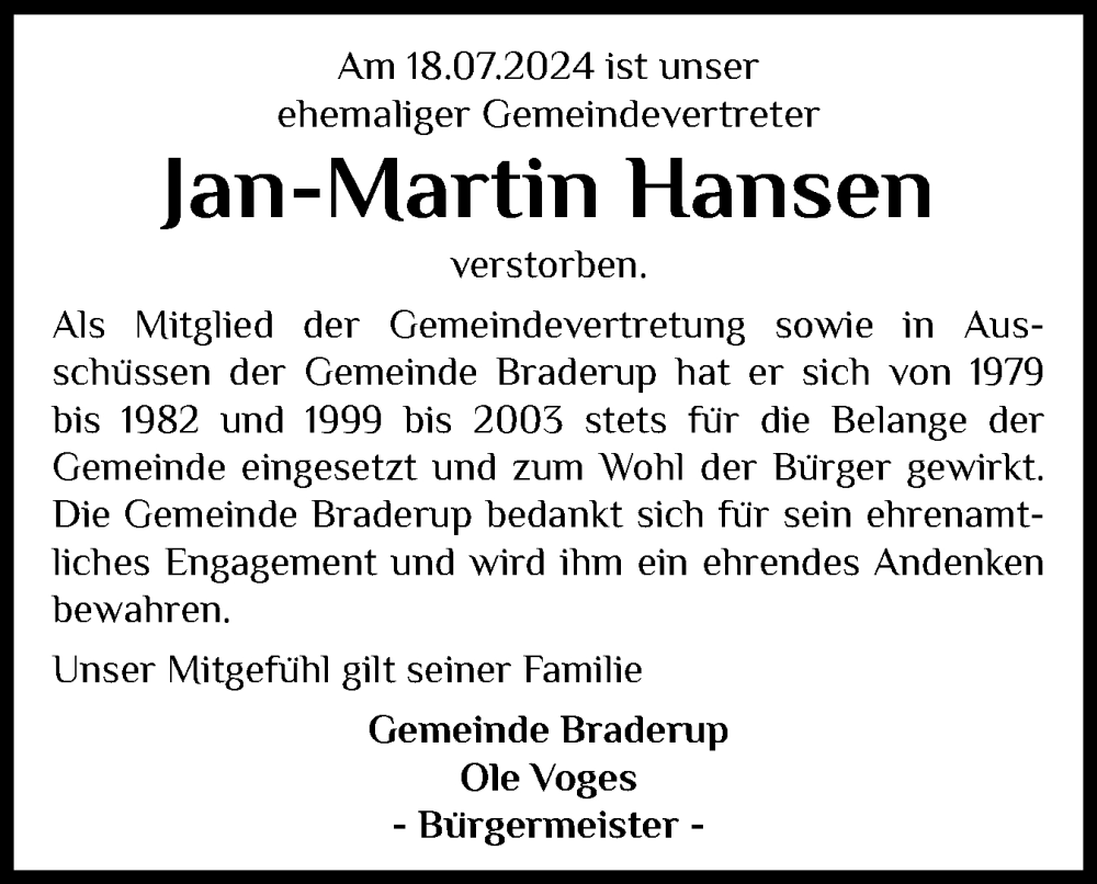  Traueranzeige für Jan Martin Hansen vom 25.07.2024 aus Husumer Nachrichten, Nordfriesland Tageblatt