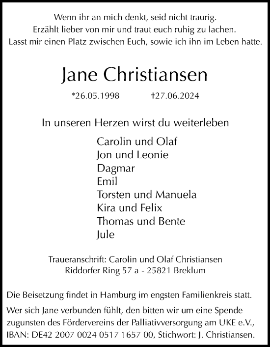 Traueranzeige von Jane Christiansen von Husumer Nachrichten, Nordfriesland Tageblatt