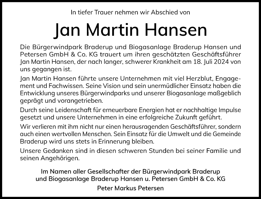  Traueranzeige für Jan Martin Hansen vom 26.07.2024 aus Husumer Nachrichten, Nordfriesland Tageblatt