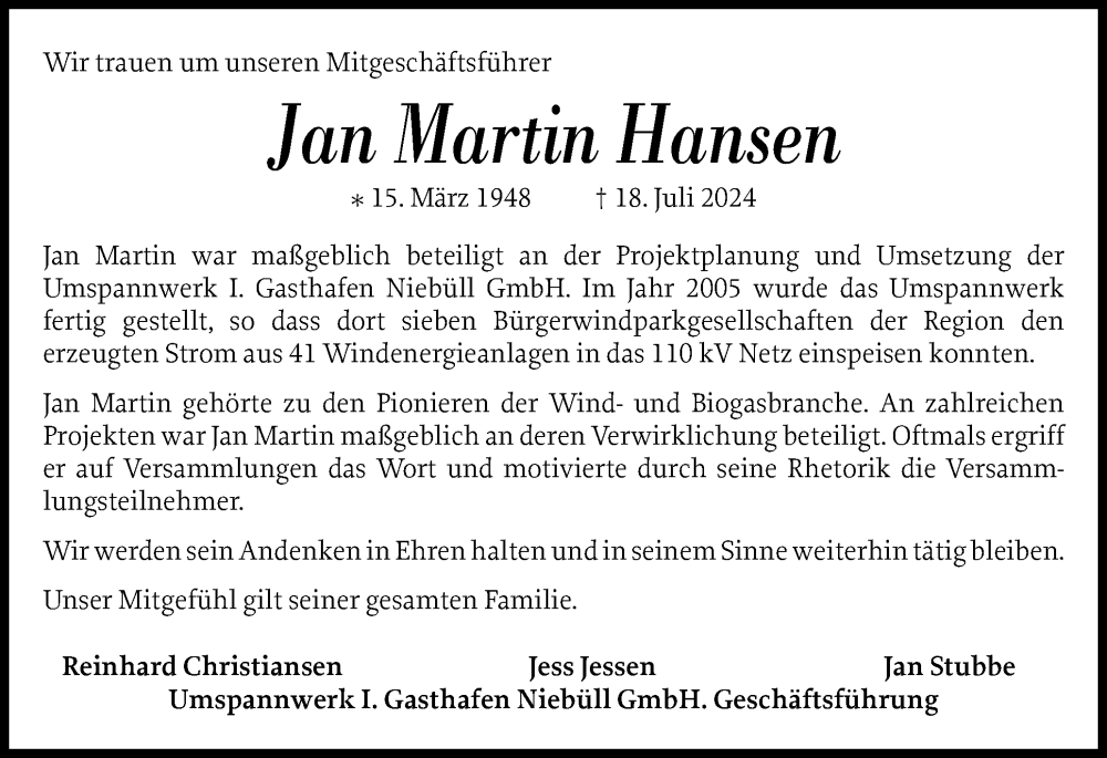  Traueranzeige für Jan Martin Hansen vom 26.07.2024 aus Husumer Nachrichten, Nordfriesland Tageblatt