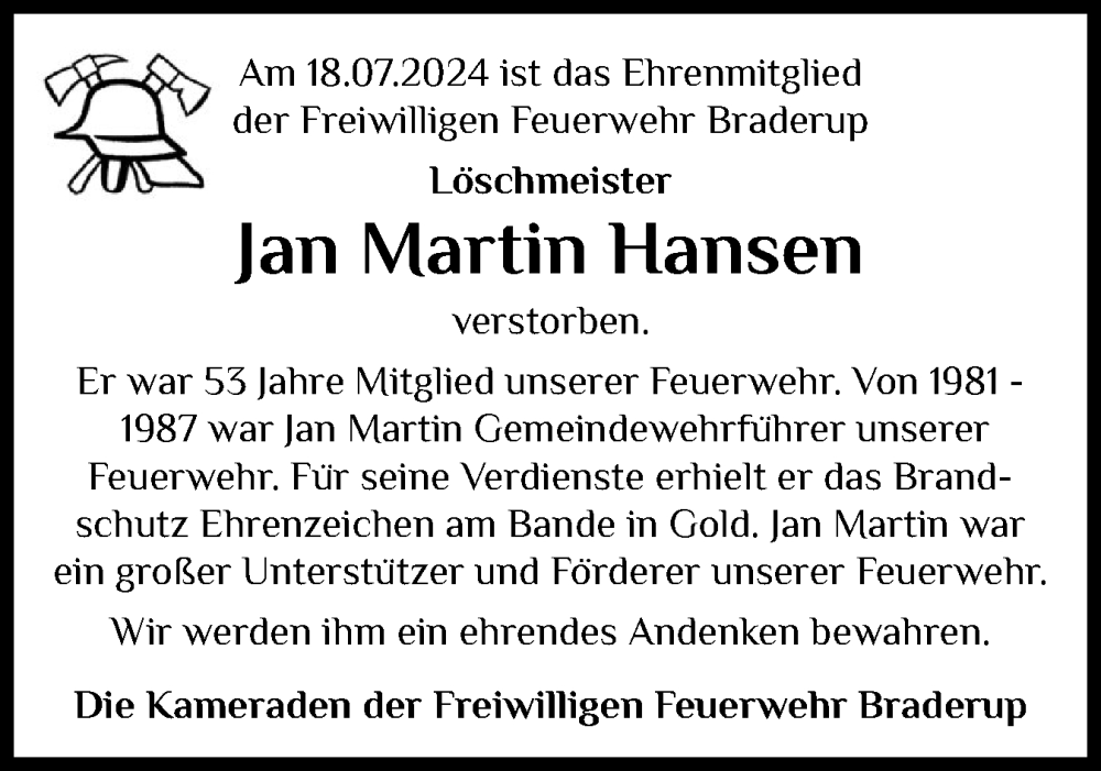  Traueranzeige für Jan Martin Hansen vom 25.07.2024 aus Husumer Nachrichten, Nordfriesland Tageblatt