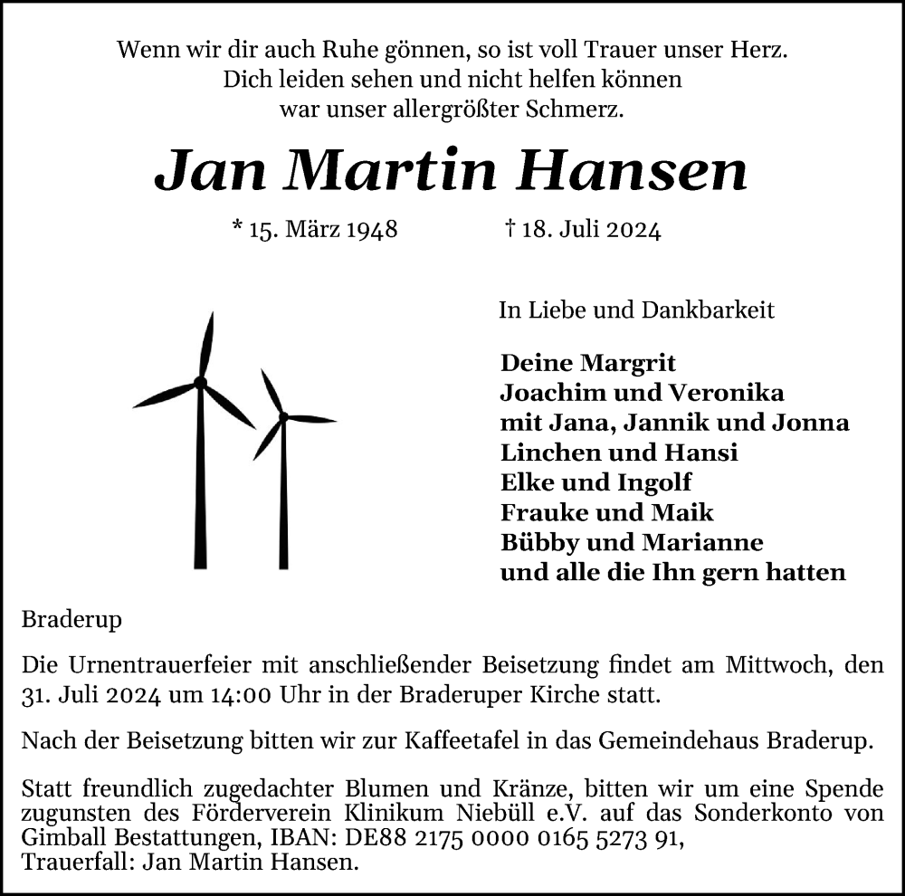  Traueranzeige für Jan Martin Hansen vom 24.07.2024 aus Region Flensburg