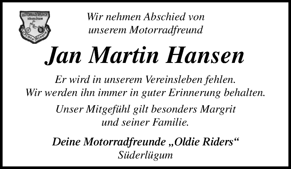  Traueranzeige für Jan Martin Hansen vom 26.07.2024 aus Husumer Nachrichten, Nordfriesland Tageblatt