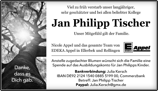 Traueranzeige von Jan Philipp Tischer von Region Pinneberg und tip Pinneberg