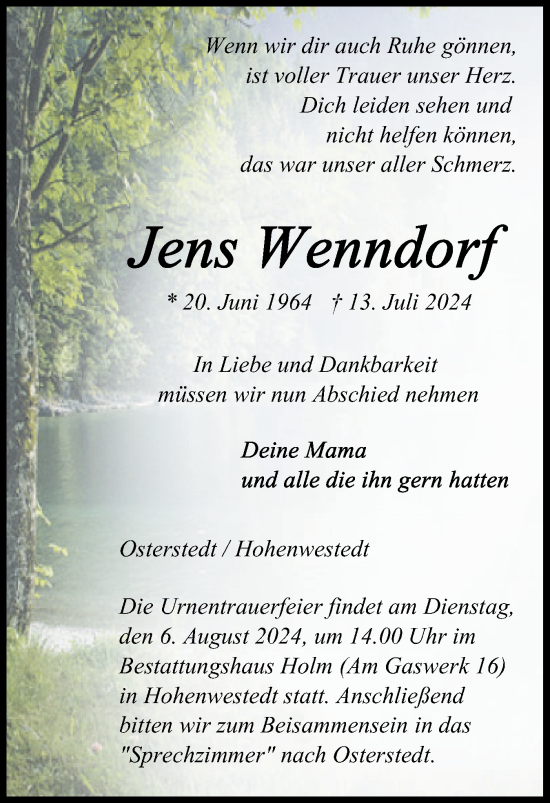 Traueranzeige von Jens Wenndorf von Schleswig-Holsteinische Landeszeitung