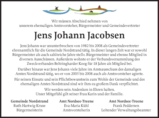 Traueranzeige von Jens Johann Jacobsen von Husumer Nachrichten, Nordfriesland Tageblatt