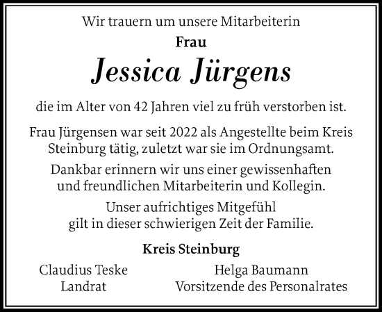 Traueranzeige von Jessica Jürgens von Norddeutsche Rundschau, Wilstersche Zeitung, Glückstädter Fortuna