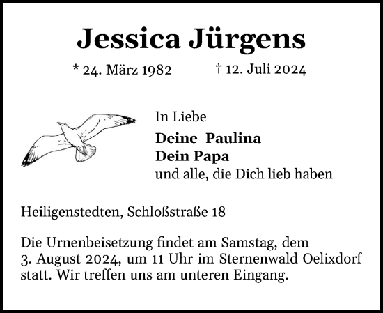 Traueranzeige von Jessica Jürgens von Norddeutsche Rundschau, Wilstersche Zeitung, Glückstädter Fortuna