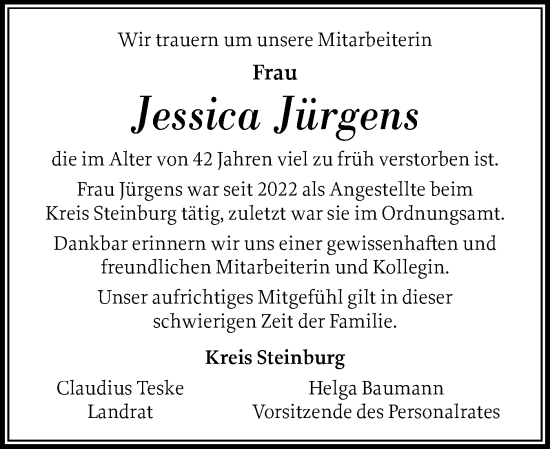 Traueranzeige von Jessica Jürgens von Norddeutsche Rundschau, Wilstersche Zeitung, Glückstädter Fortuna