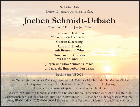 Traueranzeige von Jochen Schmidt-Urbach von Norddeutsche Rundschau, Wilstersche Zeitung, Glückstädter Fortuna