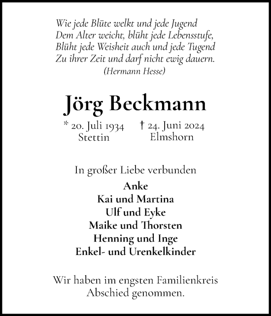 Traueranzeige von Jörg Beckmann von Elmshorner Nachrichten, Barmstedter Zeitung