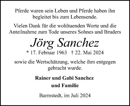 Traueranzeige von Jörg Sanchez von Elmshorner Nachrichten, Barmstedter Zeitung