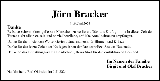 Traueranzeige von Jörn Bracker von Stormaner Tageblatt