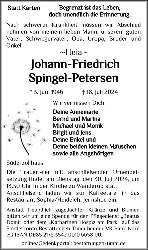  Traueranzeige für Johann-Friedrich Spingel-Petersen vom 24.07.2024 aus Region Flensburg