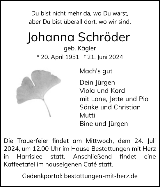 Traueranzeige von Johanna Schröder von Flensburger Tageblatt