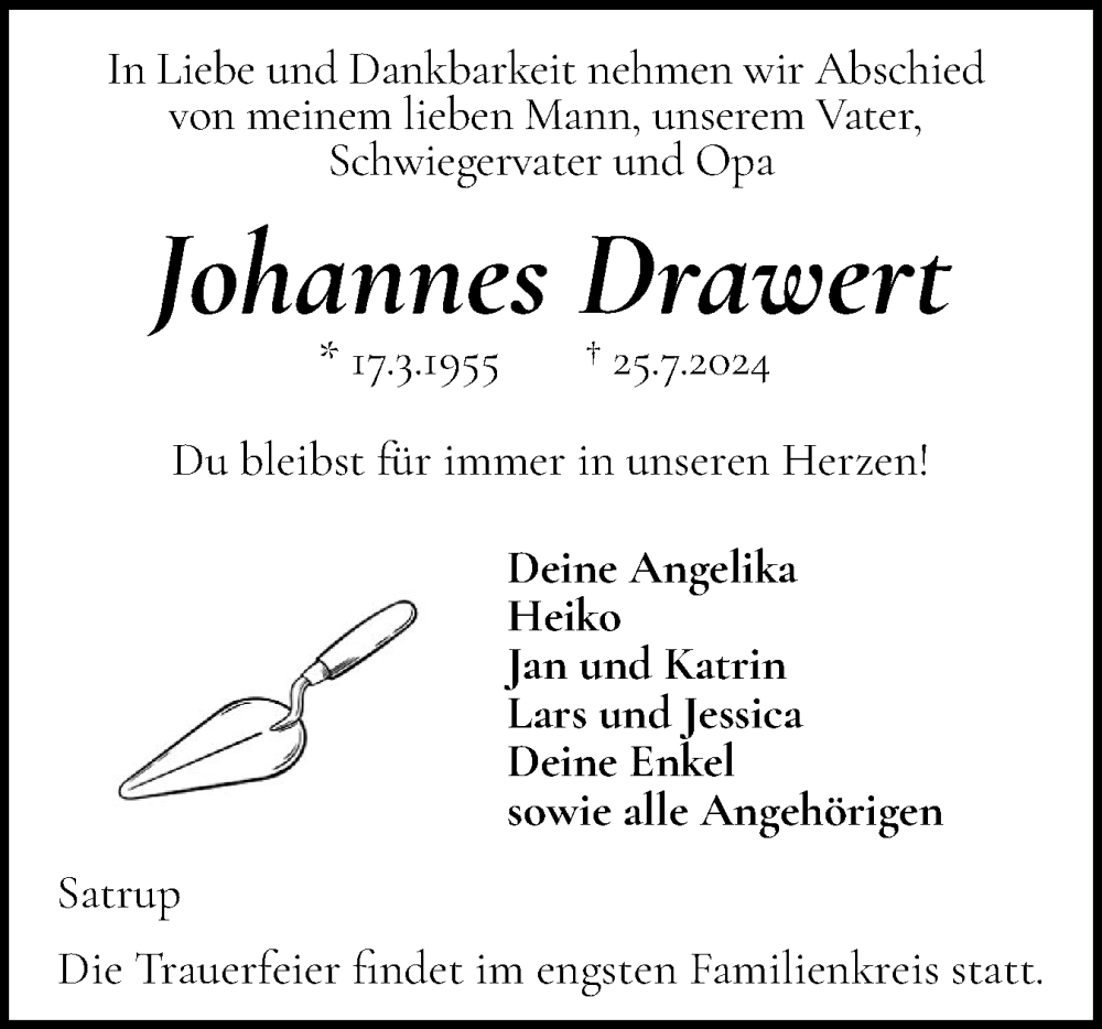  Traueranzeige für Johannes Drawert vom 31.07.2024 aus Flensburger Tageblatt