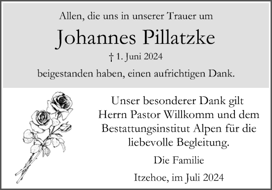 Traueranzeige von Johannes Pillatzke von Norddeutsche Rundschau, Wilstersche Zeitung, Glückstädter Fortuna