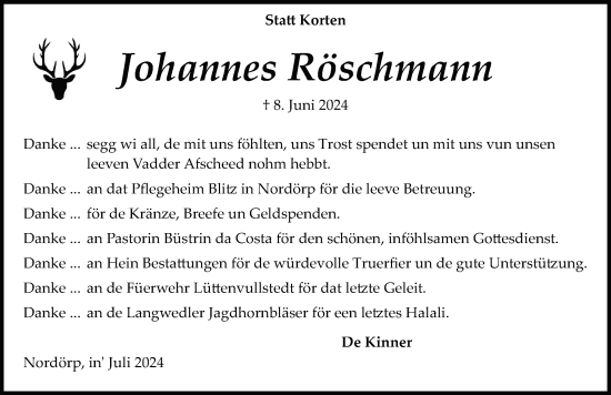 Traueranzeige von Johannes Röschmann von Schleswig-Holsteinische Landeszeitung