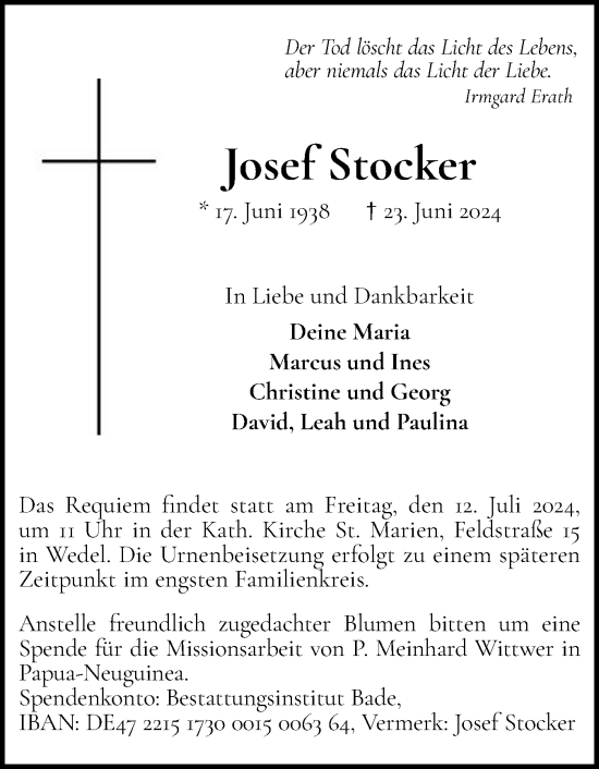 Traueranzeige von Josef Stocker von Wedel-Schulauer Tageblatt, tip Wedel-Schulauer Tageblatt, tip Rissener Rundschau