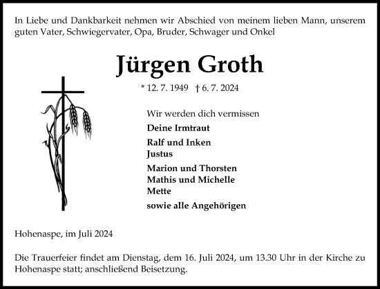 Traueranzeige von Jürgen Groth von Norddeutsche Rundschau, Wilstersche Zeitung, Glückstädter Fortuna