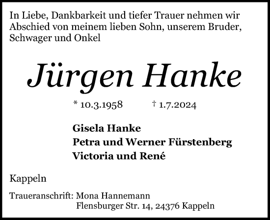 Traueranzeige von Jürgen Hanke von Schleswiger Nachrichten, Schlei-Bote