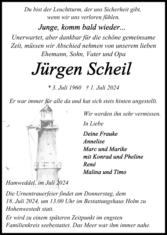 Traueranzeige von Jürgen Scheil von Schleswig-Holsteinische Landeszeitung