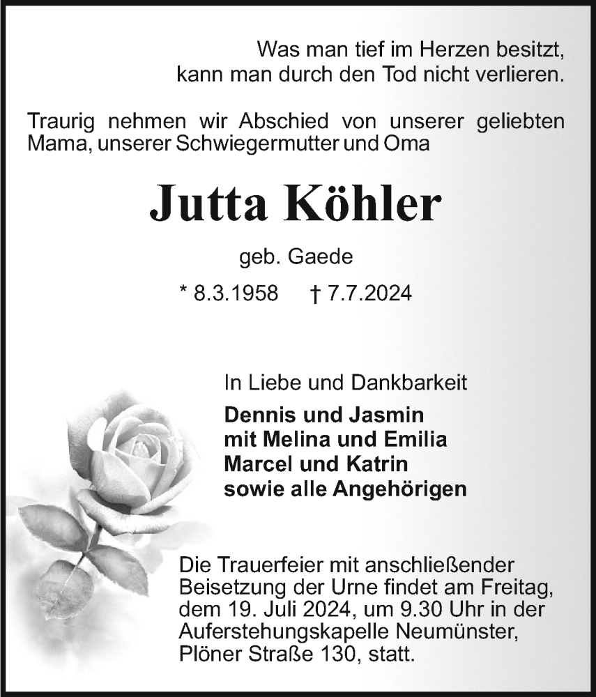  Traueranzeige für Jutta Köhler vom 13.07.2024 aus Holsteinischer Courier