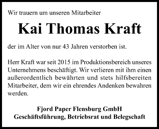 Traueranzeige von Kai Thomas Kraft von Flensburger Tageblatt