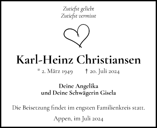 Traueranzeige von Karl-Heinz Christiansen von Region Pinneberg und tip Pinneberg