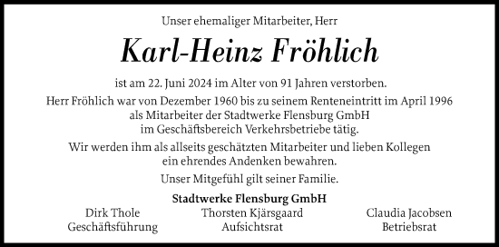 Traueranzeige von Karl-Heinz Fröhlich von Flensburger Tageblatt