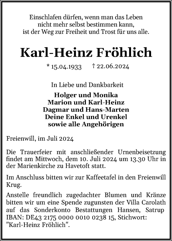 Traueranzeige von Karl-Heinz Fröhlich von Flensburger Tageblatt