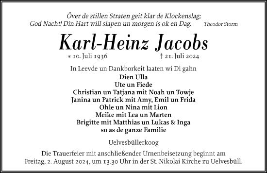 Traueranzeige von Karl-Heinz Jacobs von Husumer Nachrichten, Nordfriesland Tageblatt