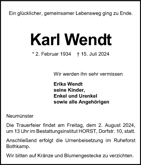 Traueranzeige von Karl Wendt von Holsteinischer Courier