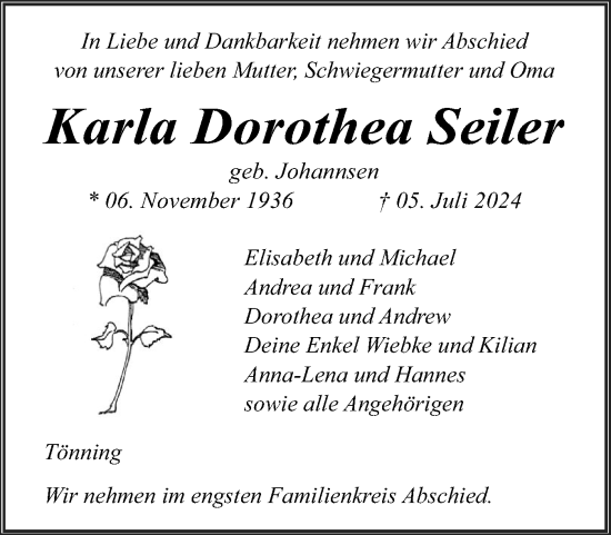 Traueranzeige von Karla Dorothea Seiler von Husumer Nachrichten, Nordfriesland Tageblatt