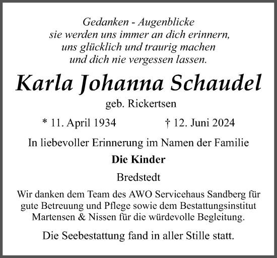 Traueranzeige von Karla Johanna Schaudel von Husumer Nachrichten, Nordfriesland Tageblatt