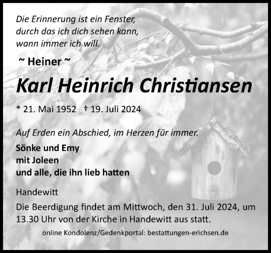 Traueranzeige von Karl Heinrich Christiansen von Schleswig-Holsteinische Landeszeitung