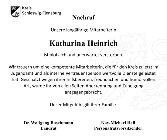 Traueranzeige von Katharina Heinrich von Schleswig-Holsteinische Landeszeitung