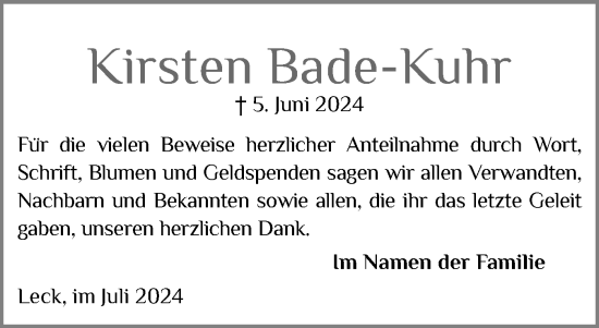 Traueranzeige von Kirsten Bade-Kuhr von Husumer Nachrichten, Nordfriesland Tageblatt