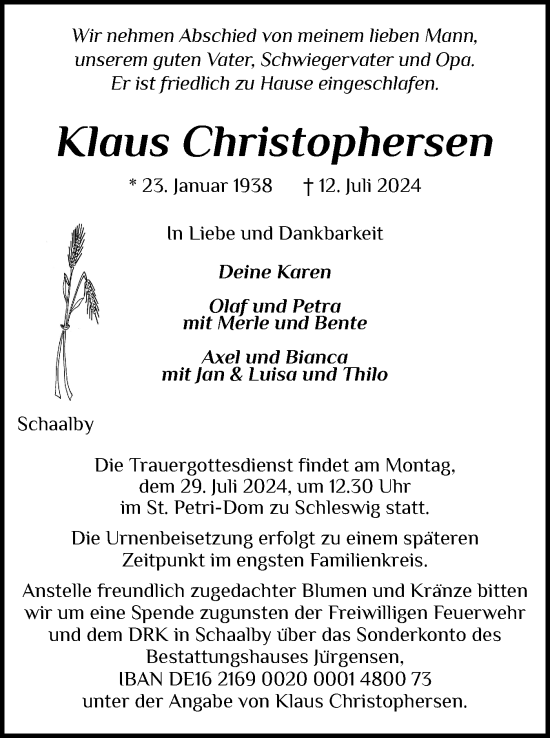 Traueranzeige von Klaus Christophersen von Schleswiger Nachrichten, Schlei-Bote